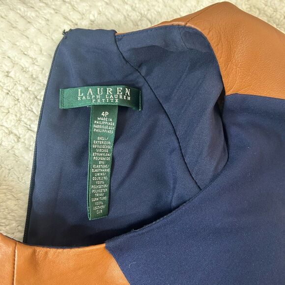 Lauren Ralph Lauren Sleeveless brown leather trim sheath Dress Size 4P - Picture 7 of 8